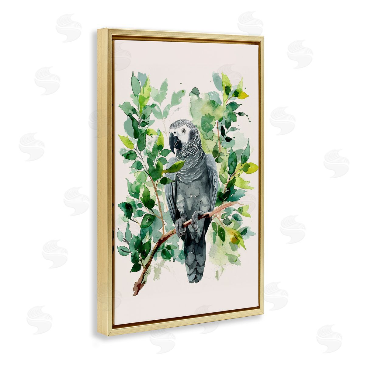 Tropical Perched Parrot Gold Floating Frame Canvas Wall Art, Home Decor by LSR Design Studio