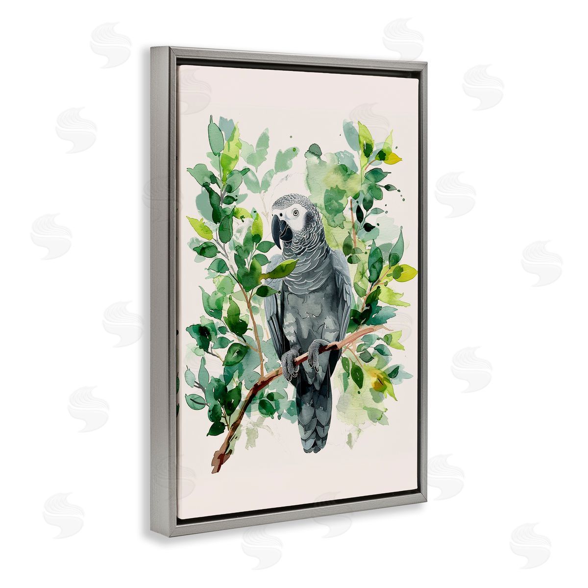 Tropical Perched Parrot Grey Floating Frame Canvas Wall Art, Home Decor by LSR Design Studio