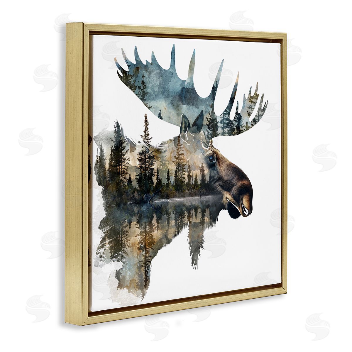 Moose Head Silhouette Gold Floating Frame Canvas Wall Art, Home Decor by LSR Design Studio