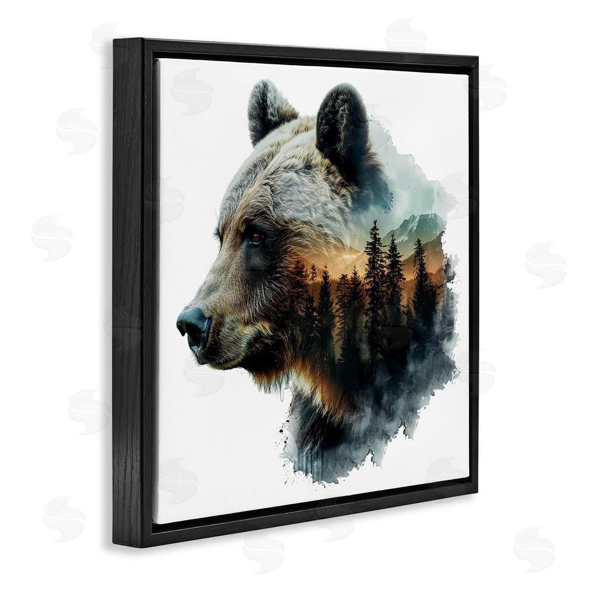 Bear Woodland Silhouette Black Floating Frame Canvas Wall Art, Home Decor by LSR Design Studio