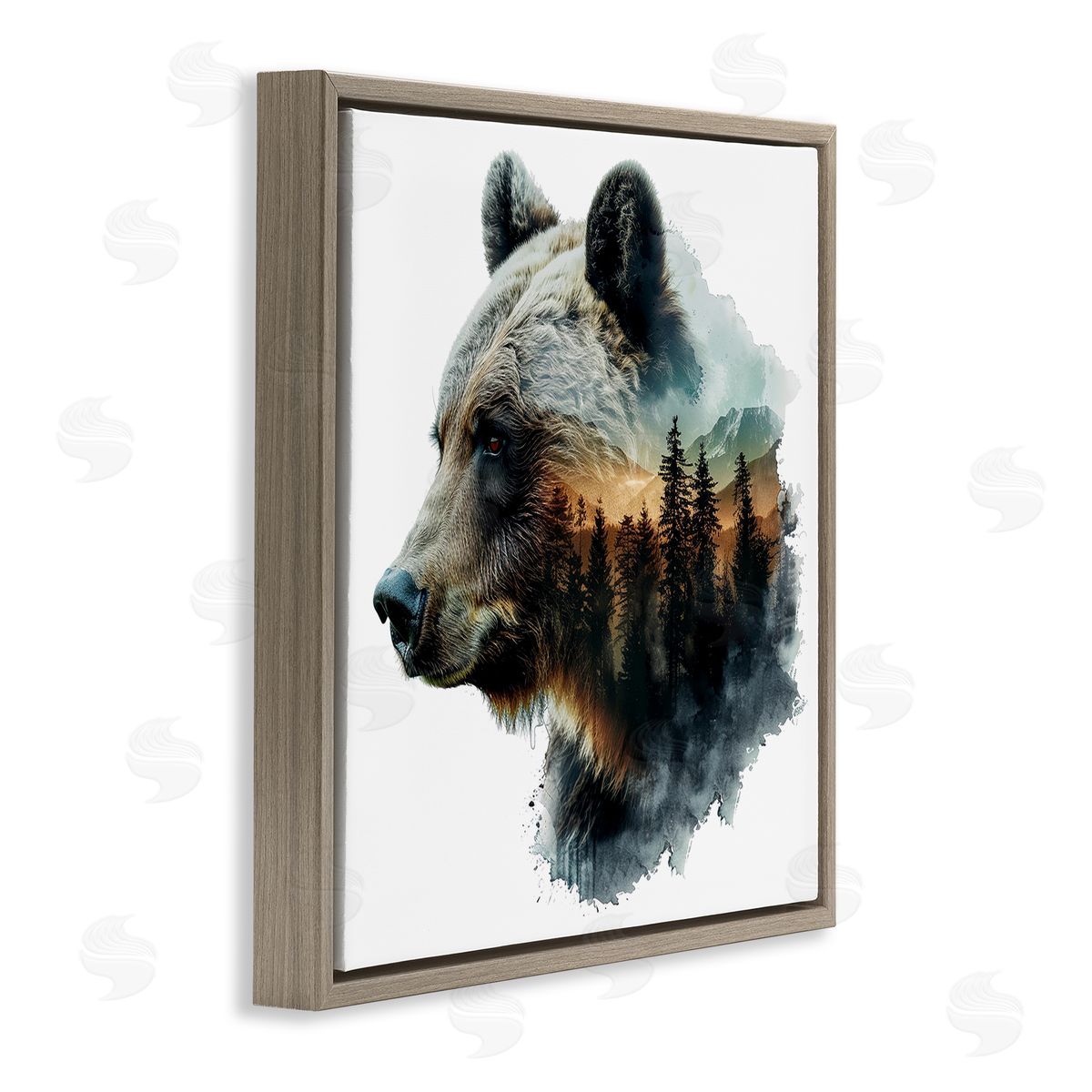 Bear Woodland Silhouette Brown Floating Frame Canvas Wall Art, Home Decor by LSR Design Studio