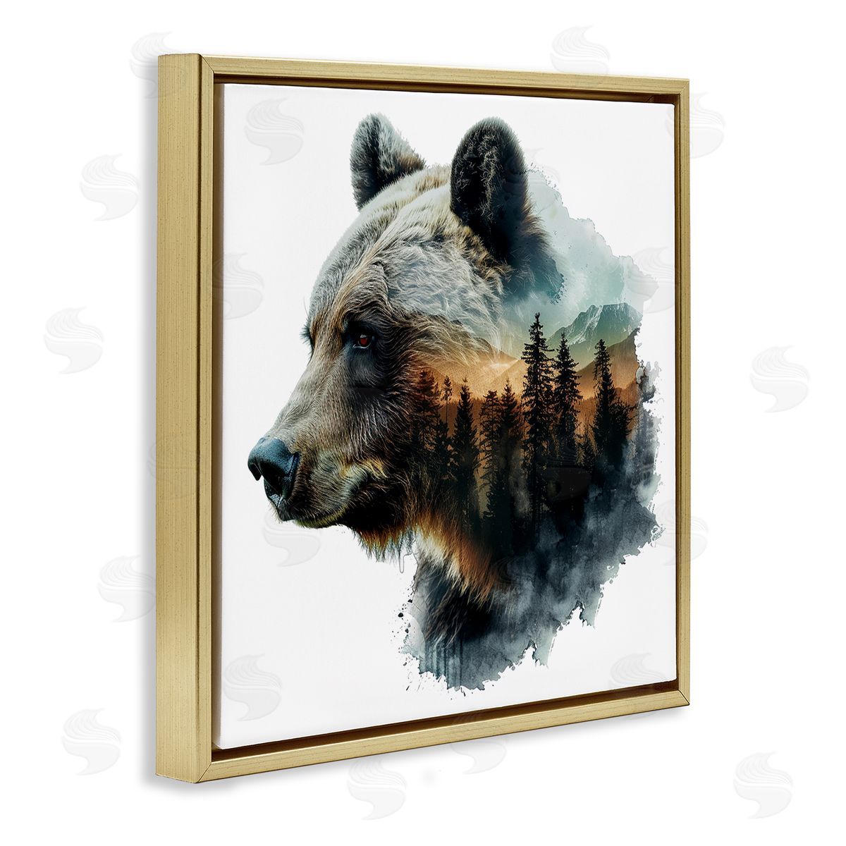 Bear Woodland Silhouette Gold Floating Frame Canvas Wall Art, Home Decor by LSR Design Studio