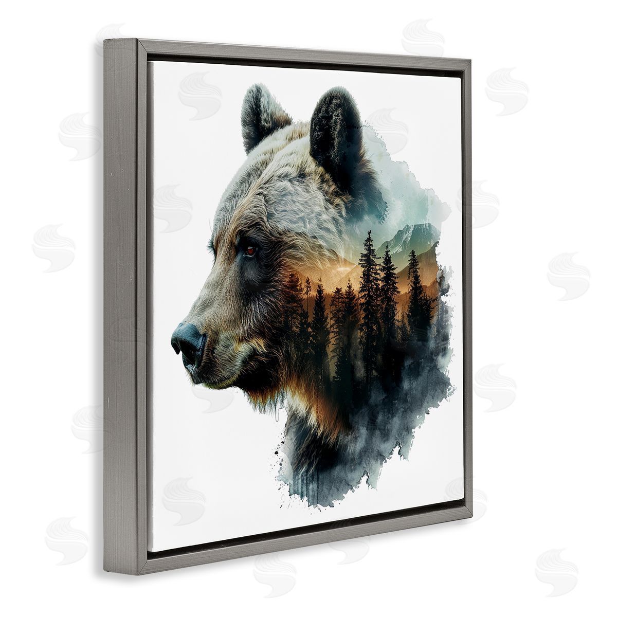 Bear Woodland Silhouette Grey Floating Frame Canvas Wall Art, Home Decor by LSR Design Studio