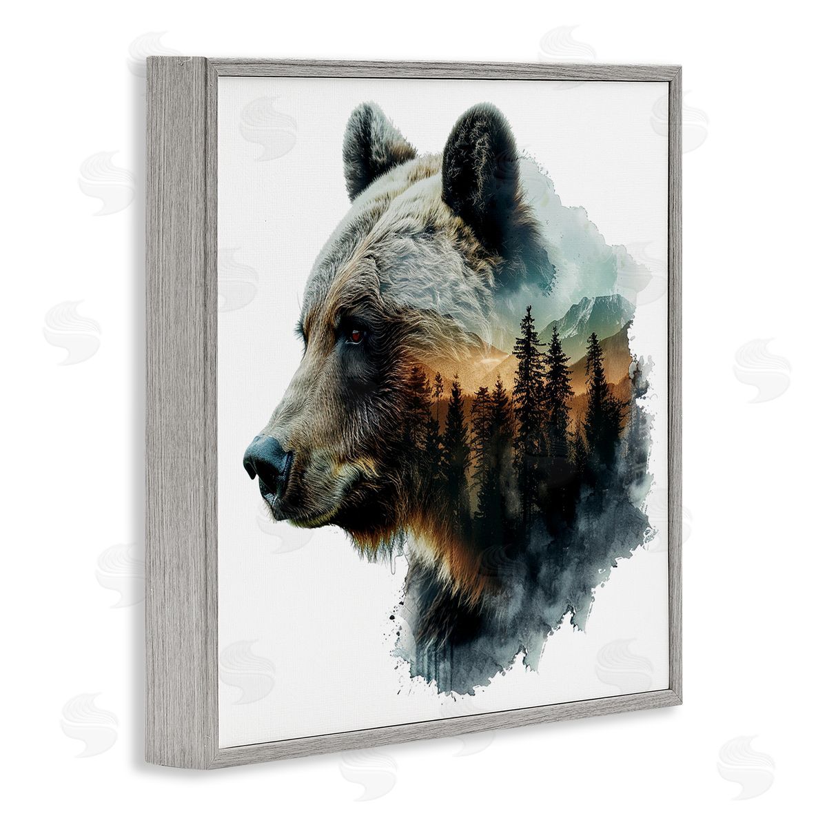 Bear Woodland Silhouette Grey Frame Print Wall Art, Home Decor by LSR Design Studio