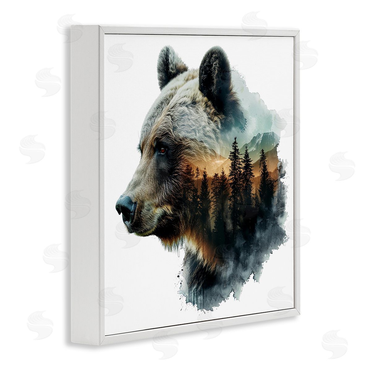 Bear Woodland Silhouette White Frame Print Wall Art, Home Decor by LSR Design Studio
