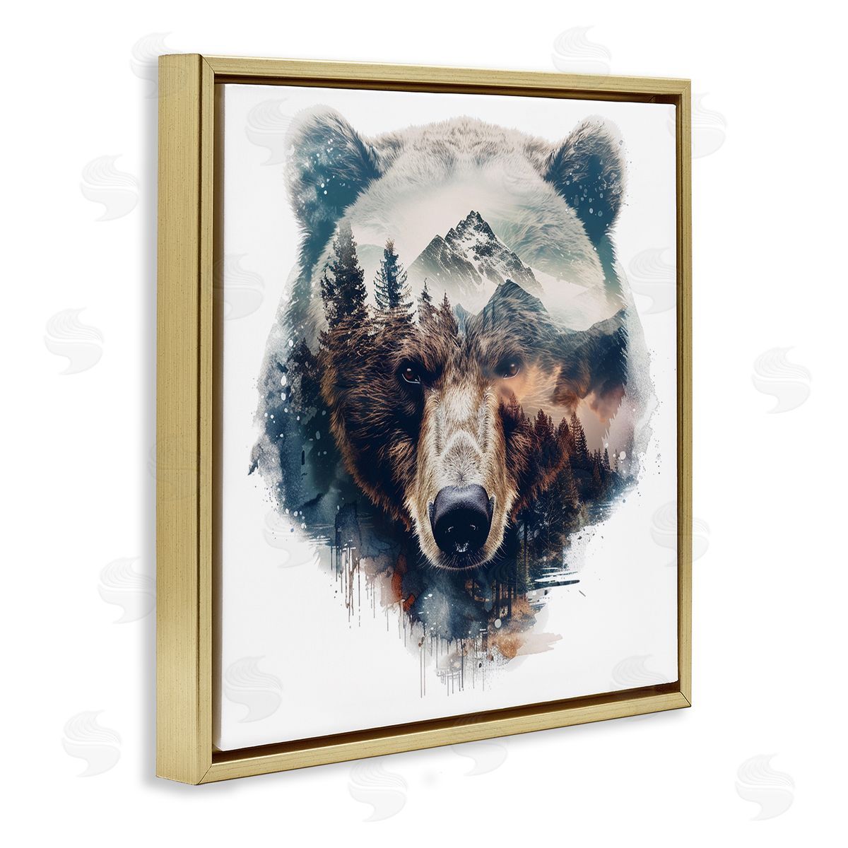 Bear Head Silhouette Gold Floating Frame Canvas Wall Art, Home Decor by LSR Design Studio
