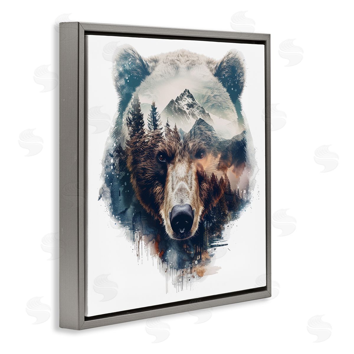 Bear Head Silhouette Grey Floating Frame Canvas Wall Art, Home Decor by LSR Design Studio
