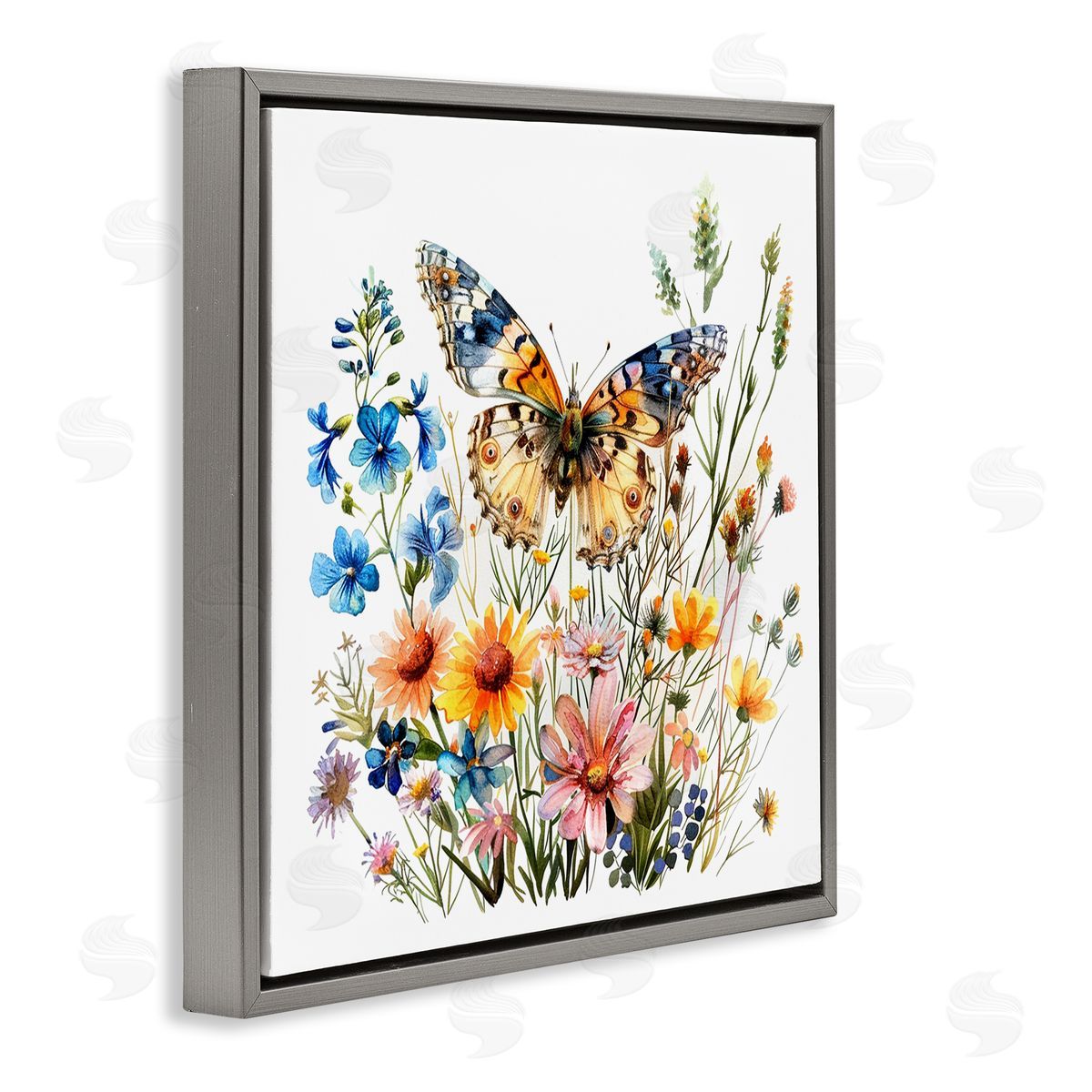 Spring Butterfly Garden Grey Floating Frame Canvas Wall Art, Home Decor by LSR Design Studio