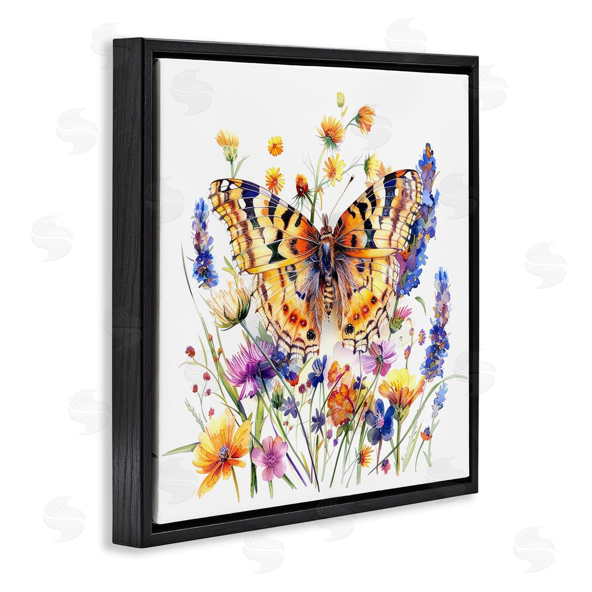 Garden Flowers & Butterfly Black Floating Frame Canvas Wall Art, Home Decor by LSR Design Studio