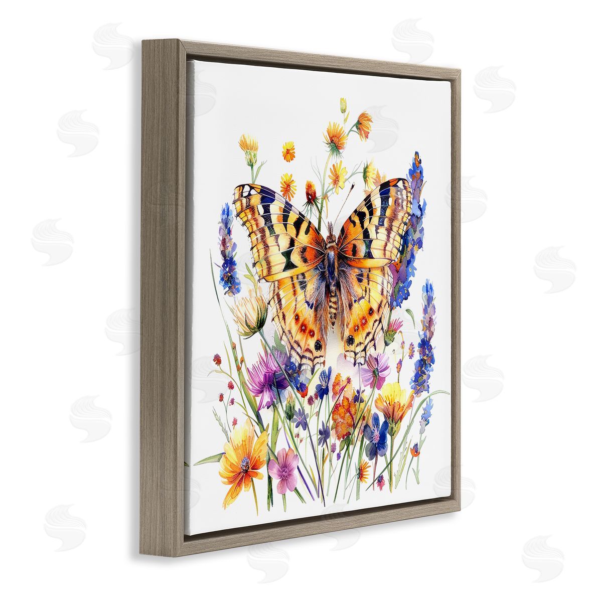 Garden Flowers & Butterfly Brown Floating Frame Canvas Wall Art, Home Decor by LSR Design Studio