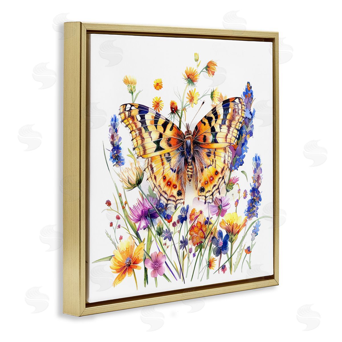 Garden Flowers & Butterfly Gold Floating Frame Canvas Wall Art, Home Decor by LSR Design Studio