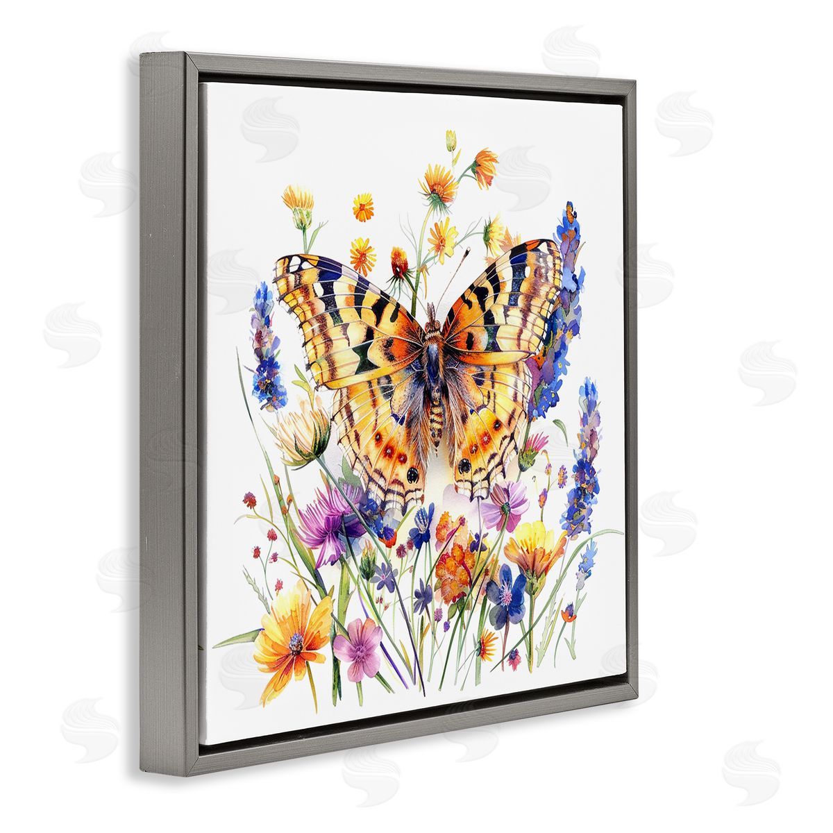 Garden Flowers & Butterfly Grey Floating Frame Canvas Wall Art, Home Decor by LSR Design Studio