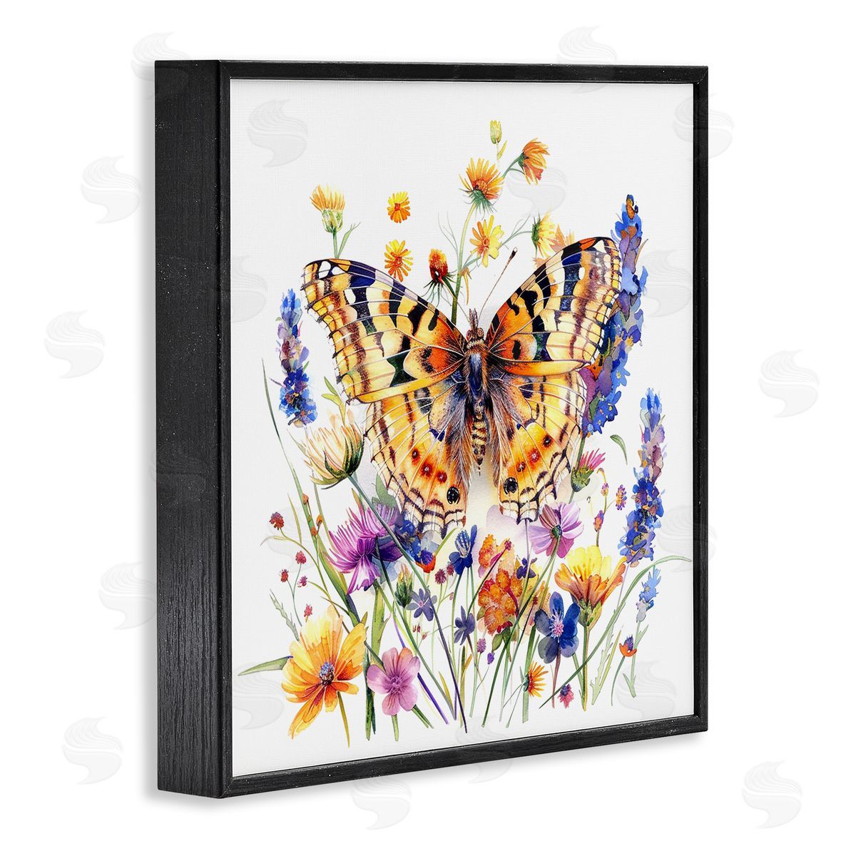 Garden Flowers & Butterfly Black Frame Print Wall Art, Home Decor by LSR Design Studio