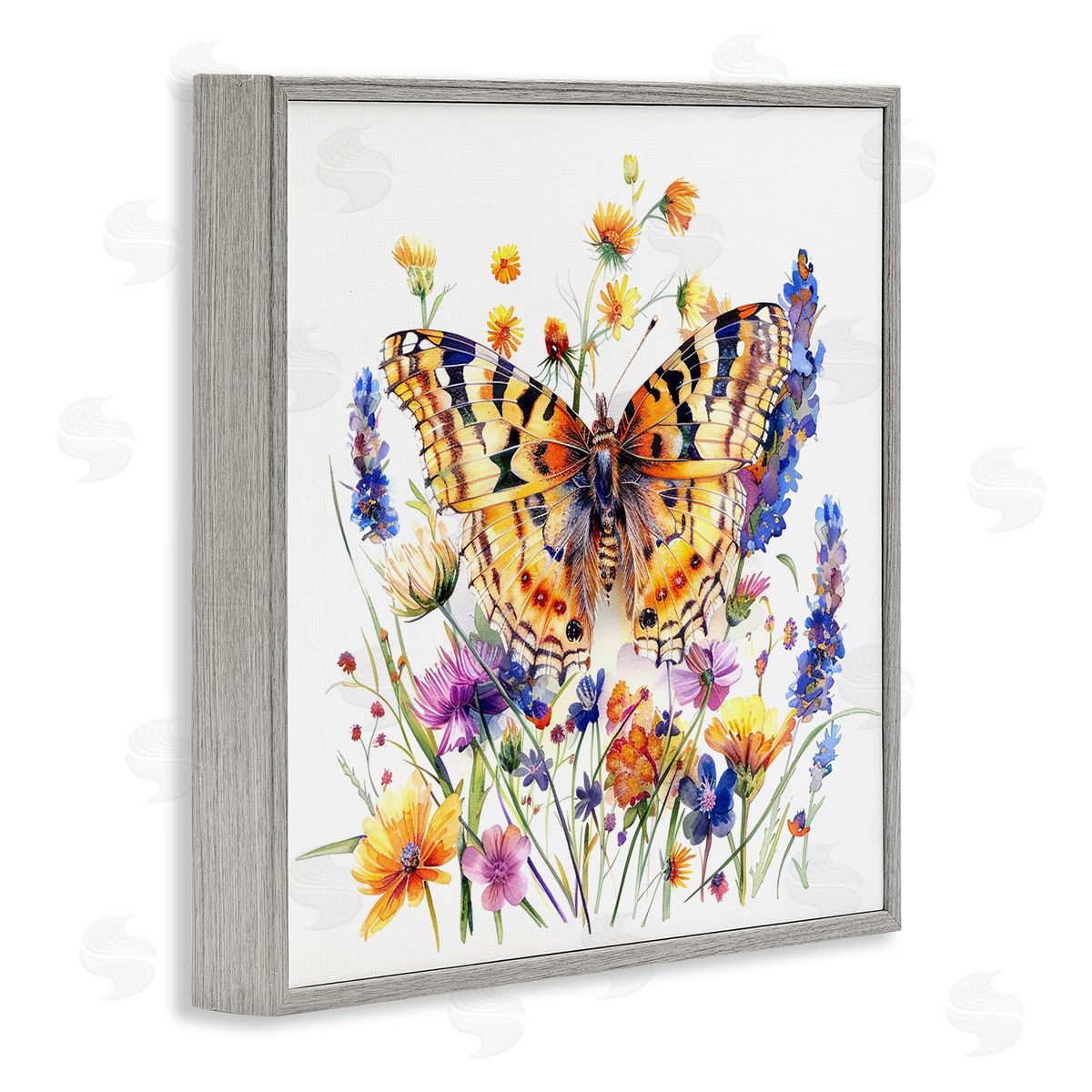 Garden Flowers & Butterfly Grey Frame Print Wall Art, Home Decor by LSR Design Studio