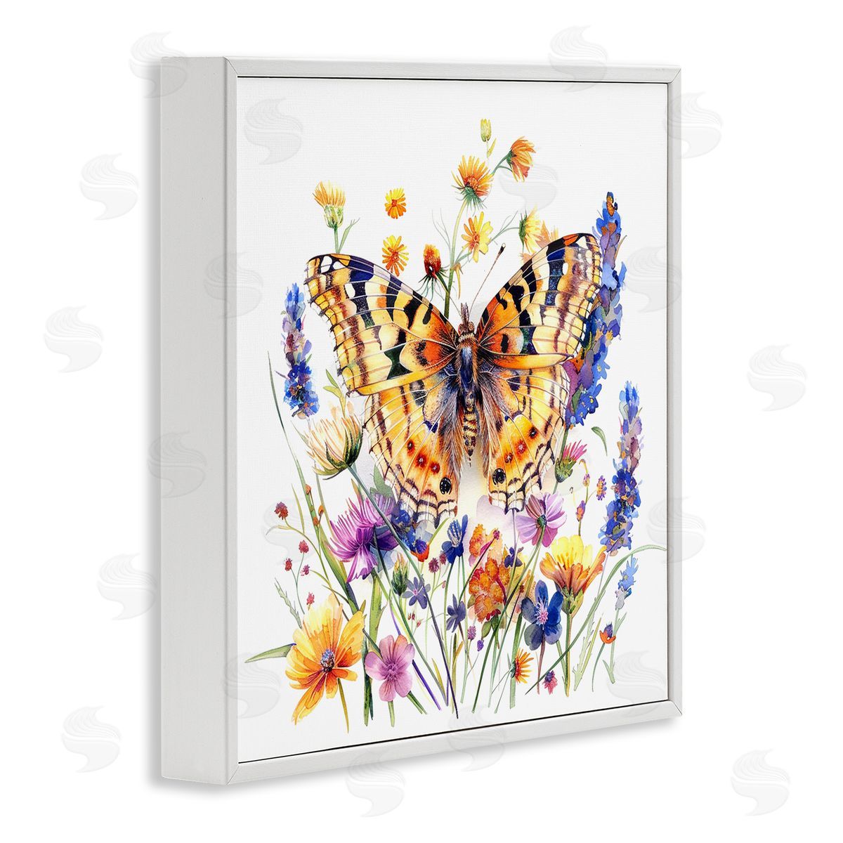Garden Flowers & Butterfly White Frame Print Wall Art, Home Decor by LSR Design Studio