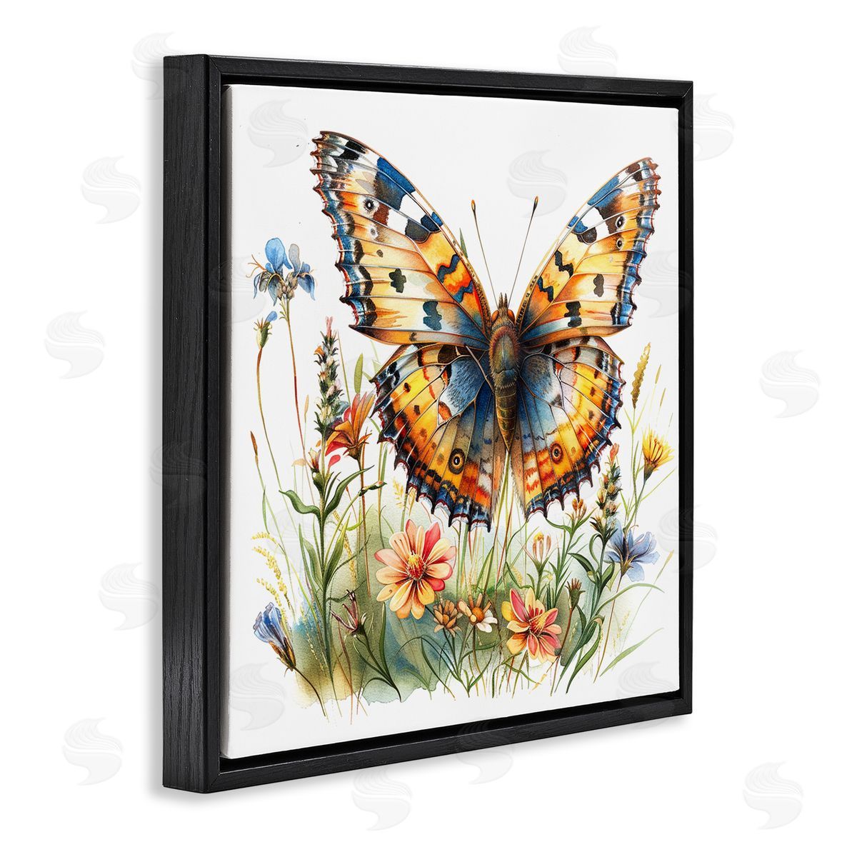 Summer Garden & Butterfly Black Floating Frame Canvas Wall Art, Home Decor by LSR Design Studio