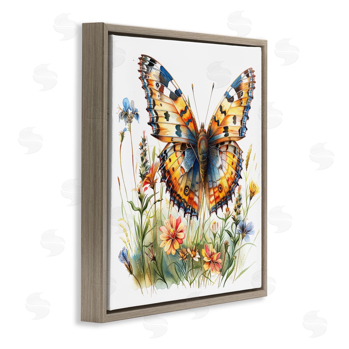 Summer Garden & Butterfly Brown Floating Frame Canvas Wall Art, Home Decor by LSR Design Studio
