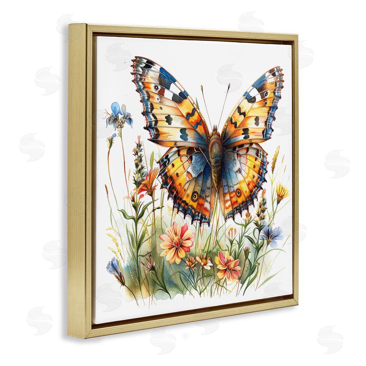Summer Garden & Butterfly Gold Floating Frame Canvas Wall Art, Home Decor by LSR Design Studio