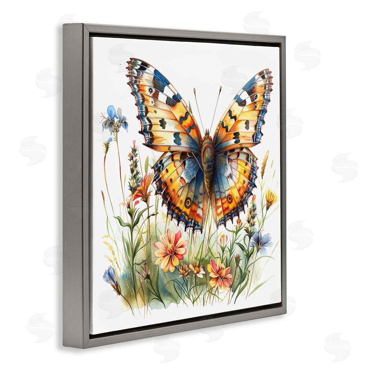 Summer Garden & Butterfly Grey Floating Frame Canvas Wall Art, Home Decor by LSR Design Studio