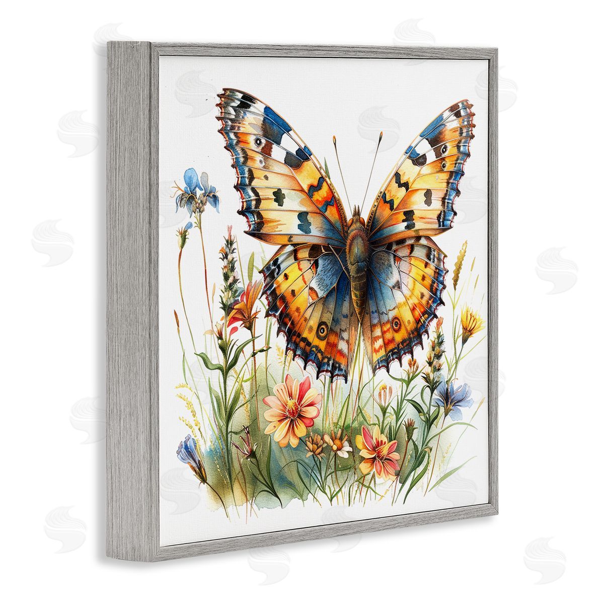 Summer Garden & Butterfly Grey Frame Print Wall Art, Home Decor by LSR Design Studio