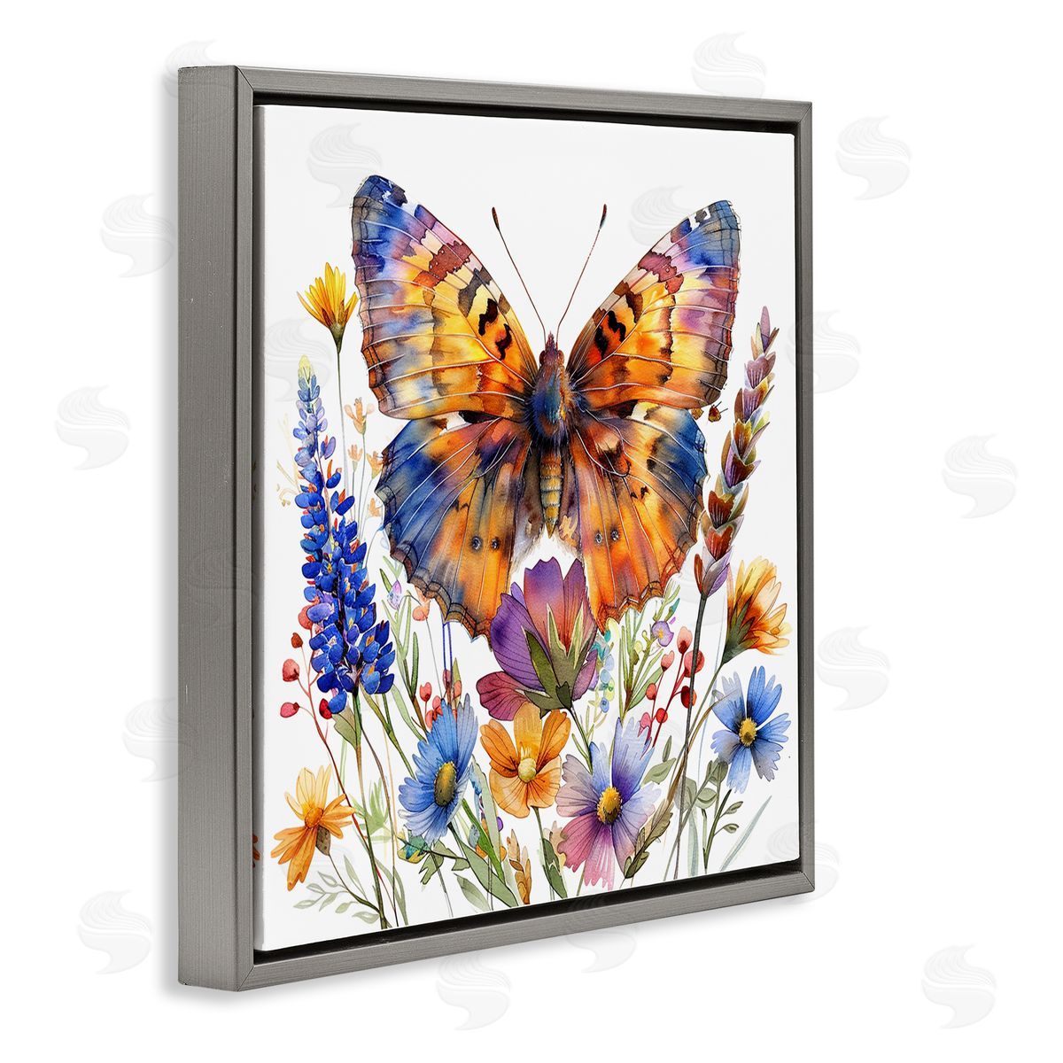 Orange & Blue Butterfly Grey Floating Frame Canvas Wall Art, Home Decor by LSR Design Studio
