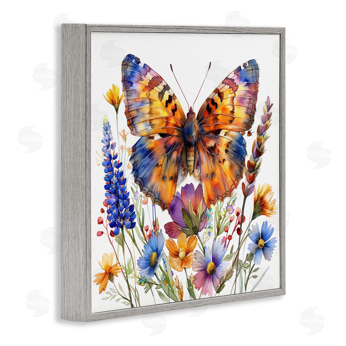 Orange & Blue Butterfly Grey Frame Print Wall Art, Home Decor by LSR Design Studio