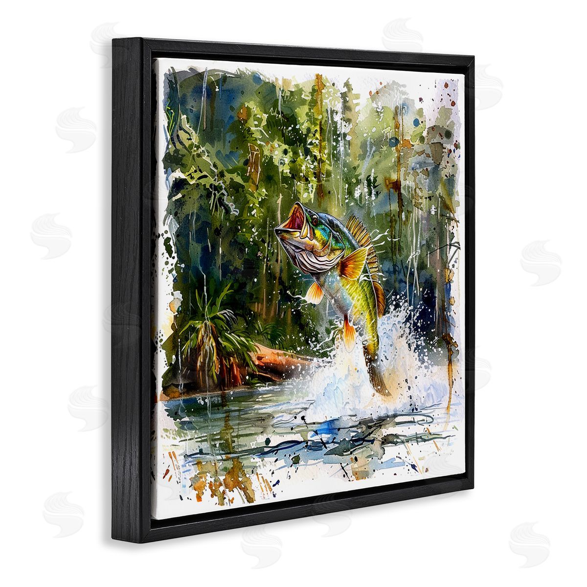 Jumping Bass Splash Black Floating Frame Canvas Wall Art, Home Decor by LSR Design Studio