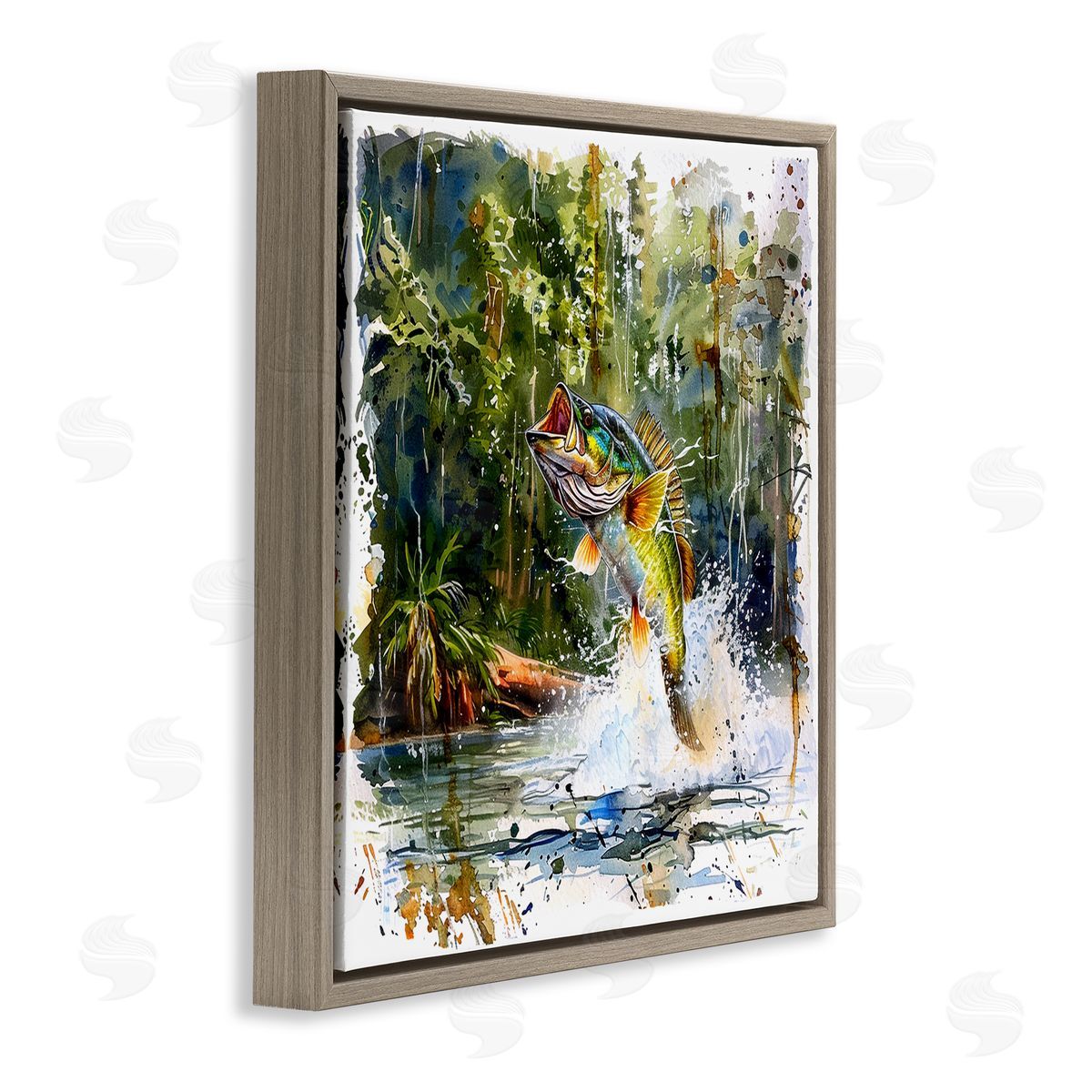 Jumping Bass Splash Brown Floating Frame Canvas Wall Art, Home Decor by LSR Design Studio