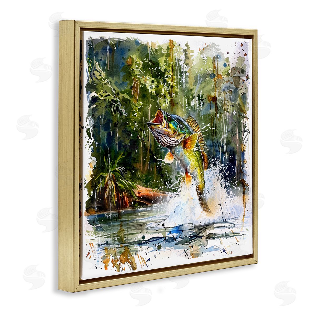 Jumping Bass Splash Gold Floating Frame Canvas Wall Art, Home Decor by LSR Design Studio