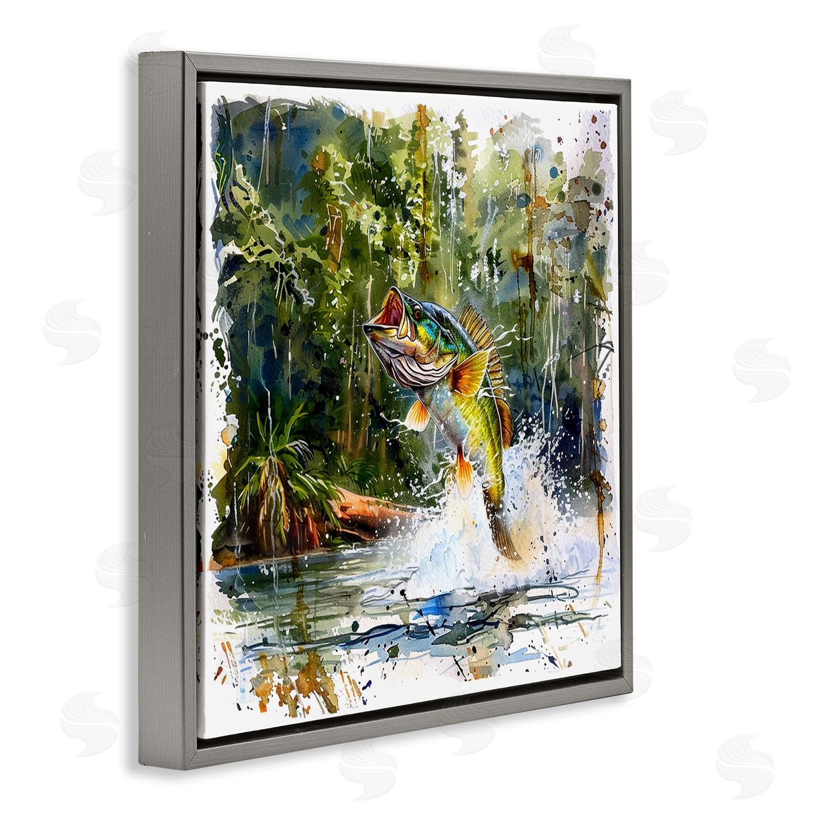 Jumping Bass Splash Grey Floating Frame Canvas Wall Art, Home Decor by LSR Design Studio