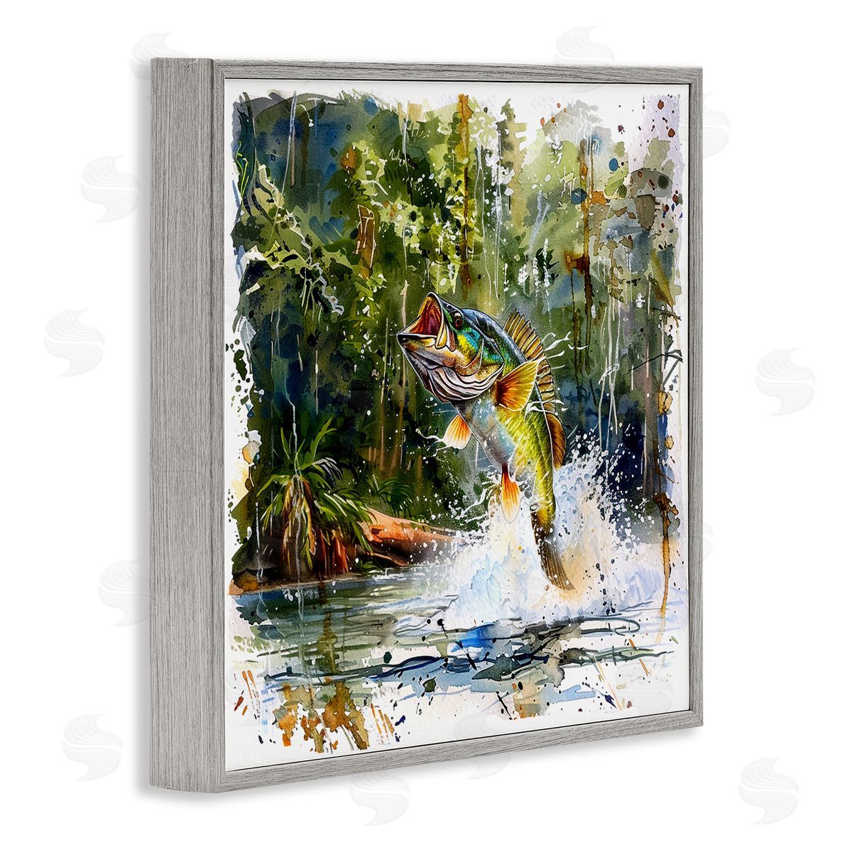 Jumping Bass Splash Grey Frame Print Wall Art, Home Decor by LSR Design Studio