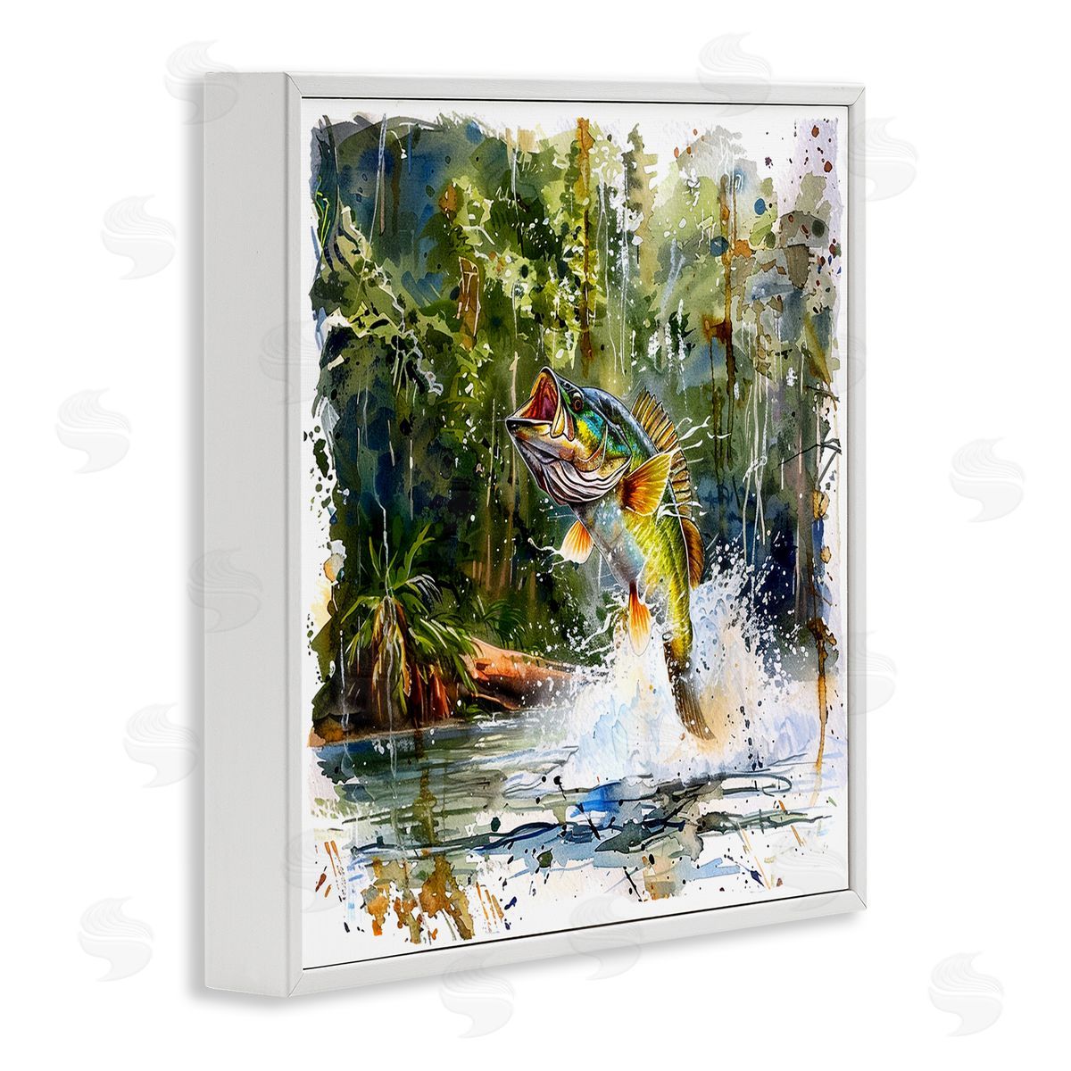 Jumping Bass Splash White Frame Print Wall Art, Home Decor by LSR Design Studio