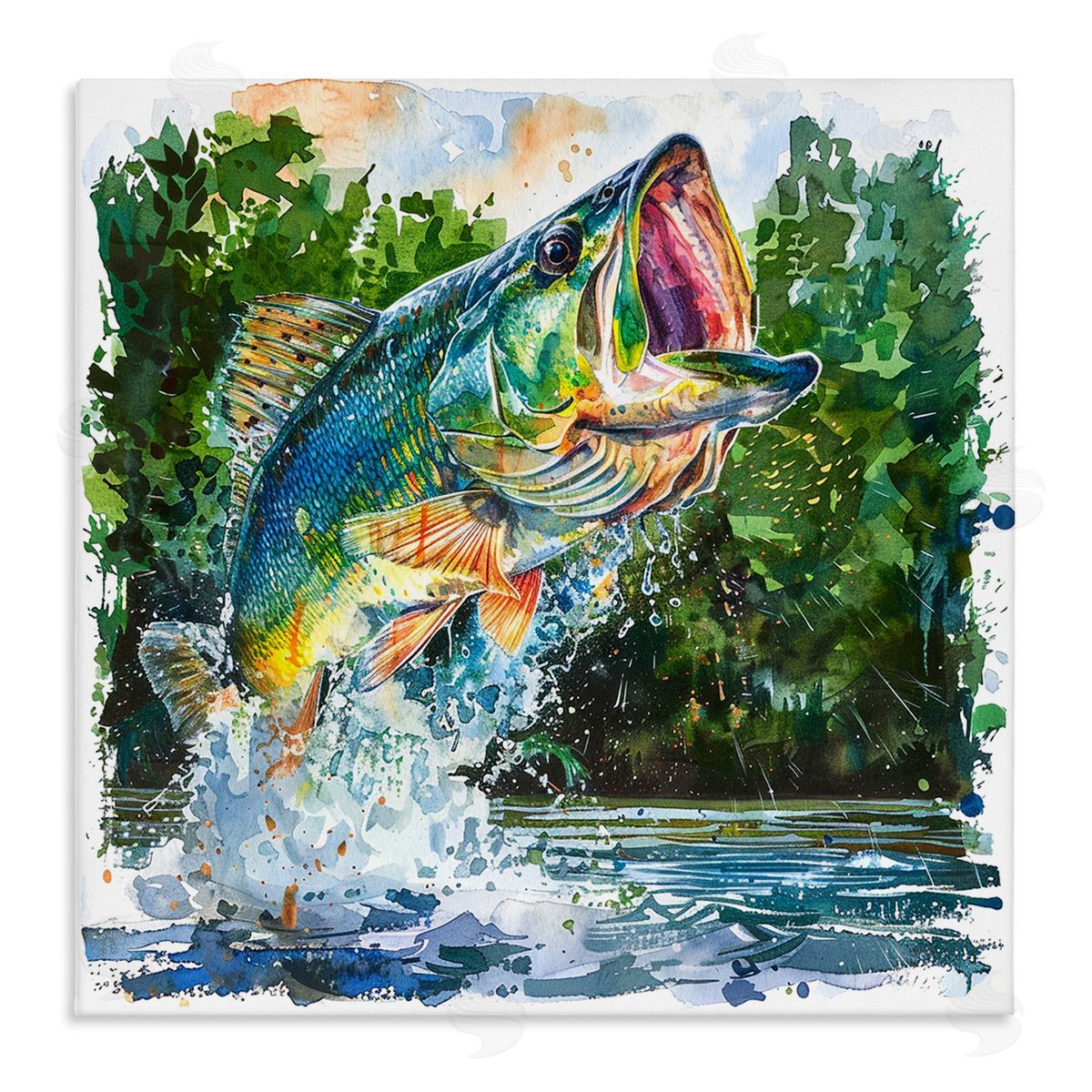 Splashing Bass Fish Canvas Wall Art, Home Decor by LSR Design Studio