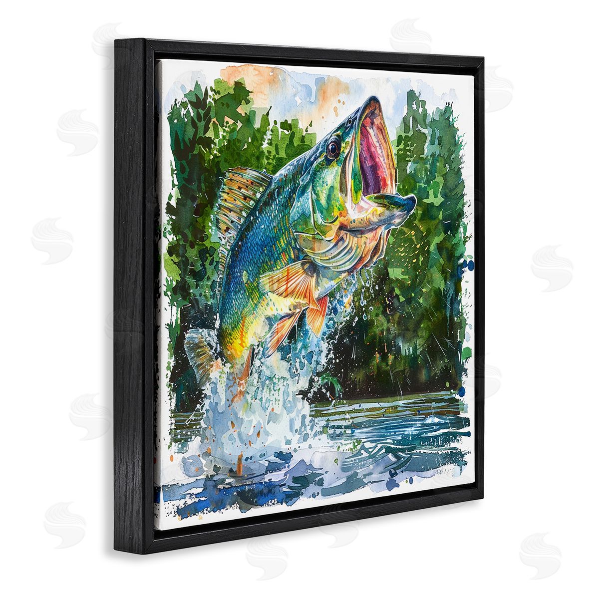 Splashing Bass Fish Black Floating Frame Canvas Wall Art, Home Decor by LSR Design Studio