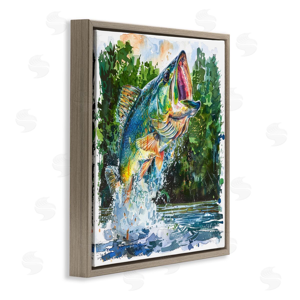 Splashing Bass Fish Brown Floating Frame Canvas Wall Art, Home Decor by LSR Design Studio