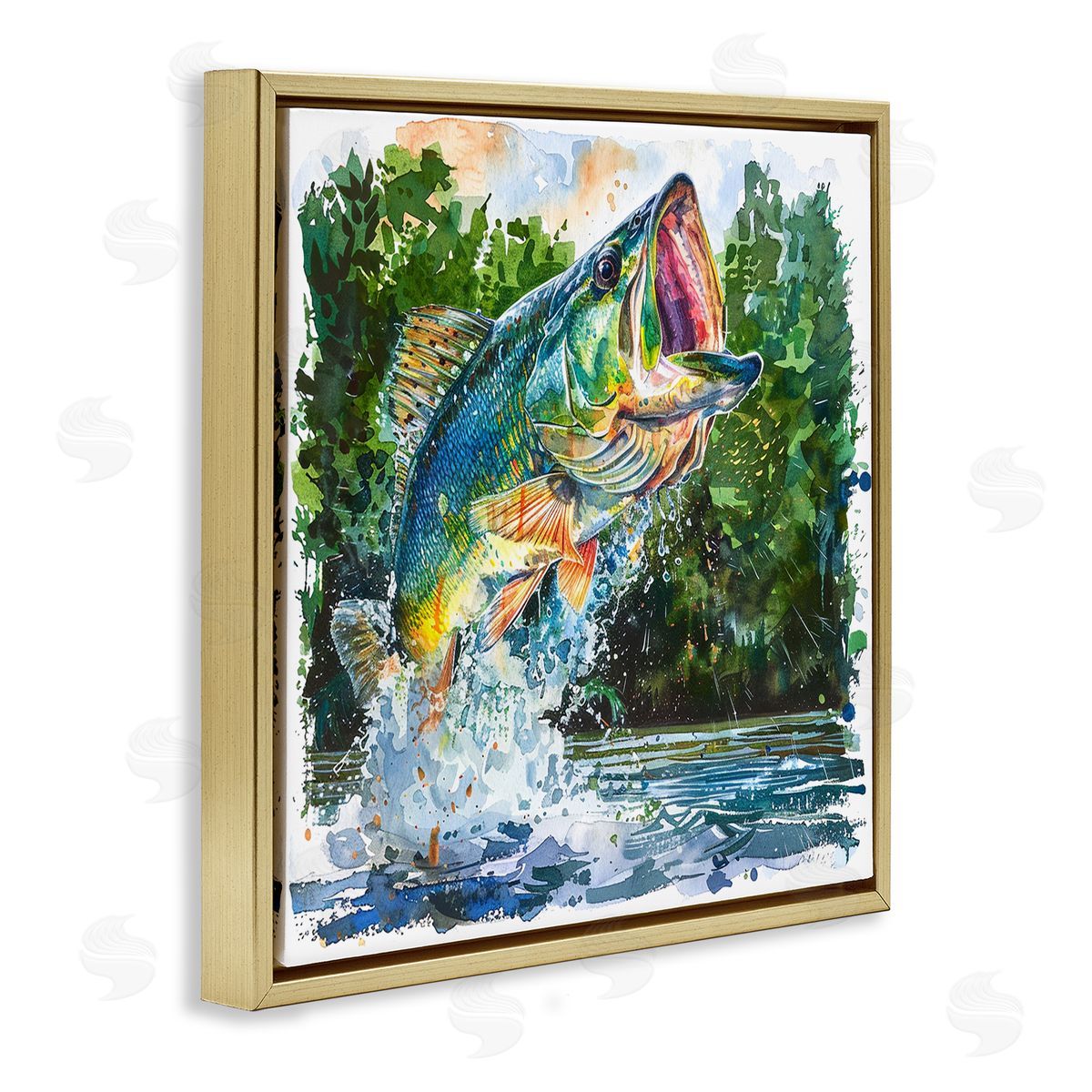 Splashing Bass Fish Gold Floating Frame Canvas Wall Art, Home Decor by LSR Design Studio