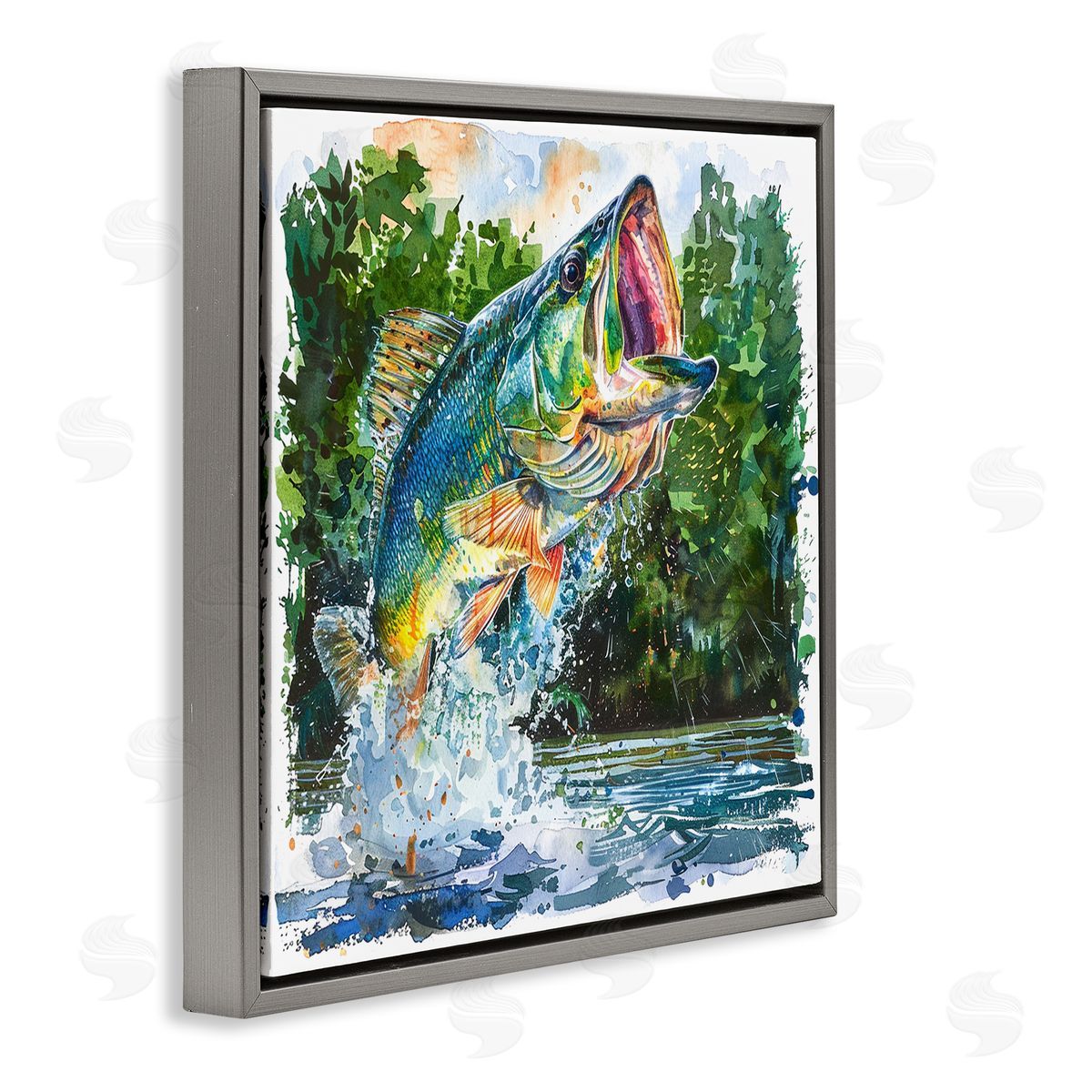 Splashing Bass Fish Grey Floating Frame Canvas Wall Art, Home Decor by LSR Design Studio