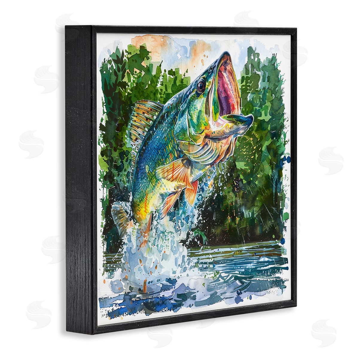 Splashing Bass Fish Black Frame Print Wall Art, Home Decor by LSR Design Studio