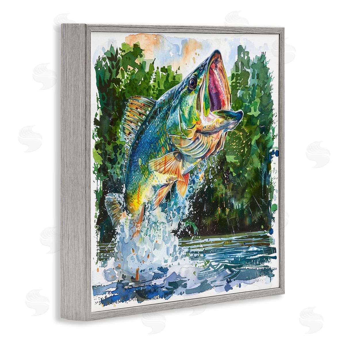 Splashing Bass Fish Grey Frame Print Wall Art, Home Decor by LSR Design Studio
