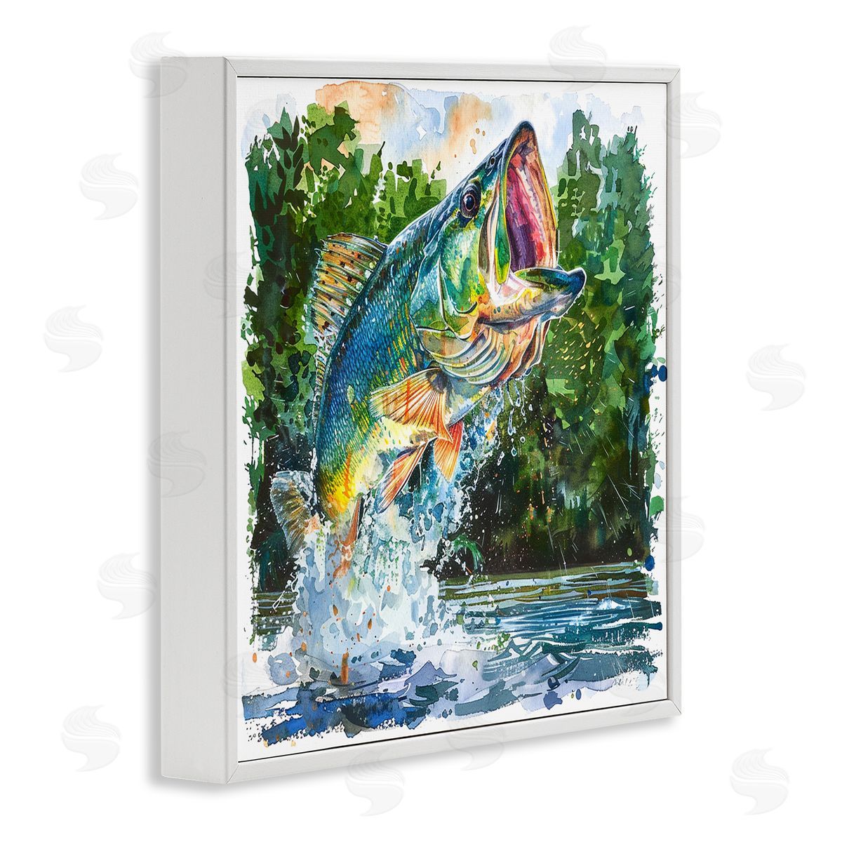Splashing Bass Fish White Frame Print Wall Art, Home Decor by LSR Design Studio