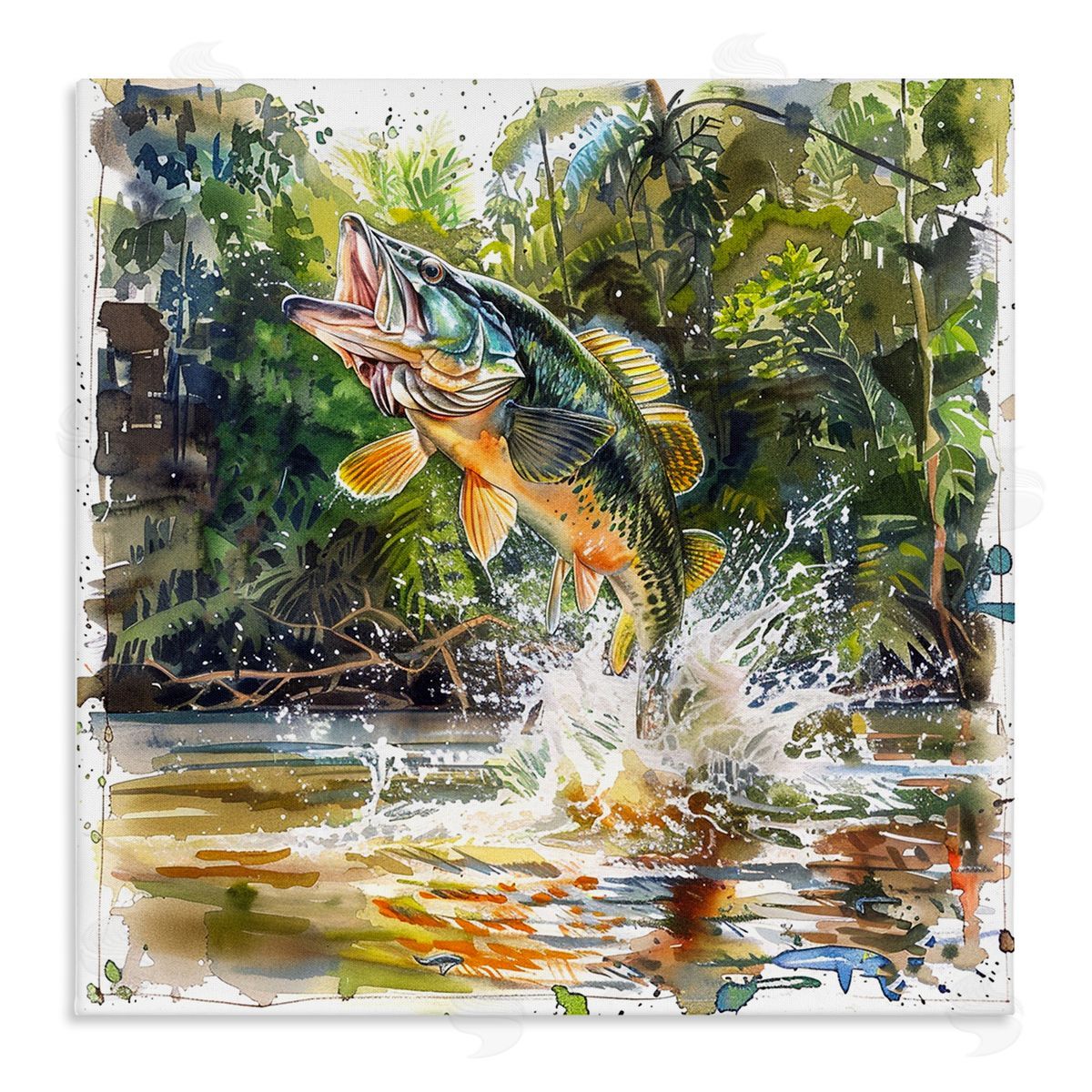 Jumping Bass Fish Canvas Wall Art, Home Decor by LSR Design Studio