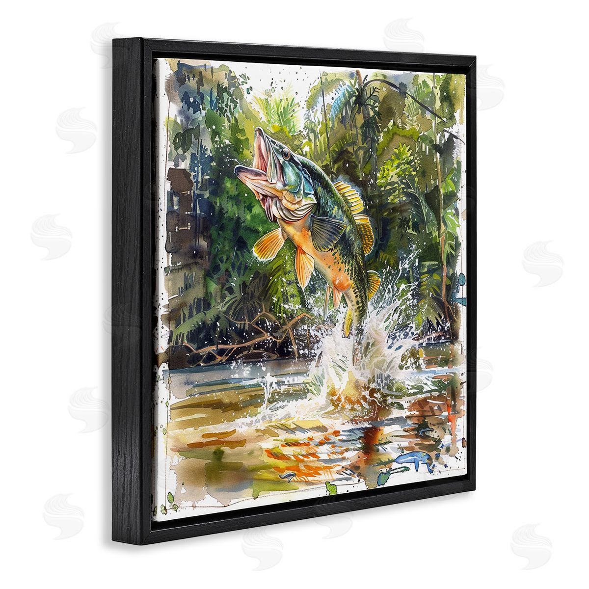 Jumping Bass Fish Black Floating Frame Canvas Wall Art, Home Decor by LSR Design Studio