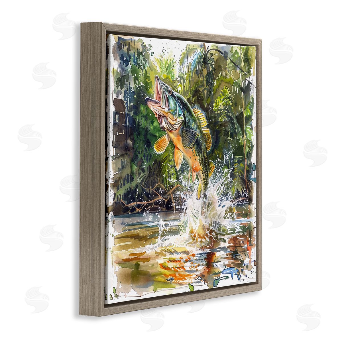 Jumping Bass Fish Brown Floating Frame Canvas Wall Art, Home Decor by LSR Design Studio