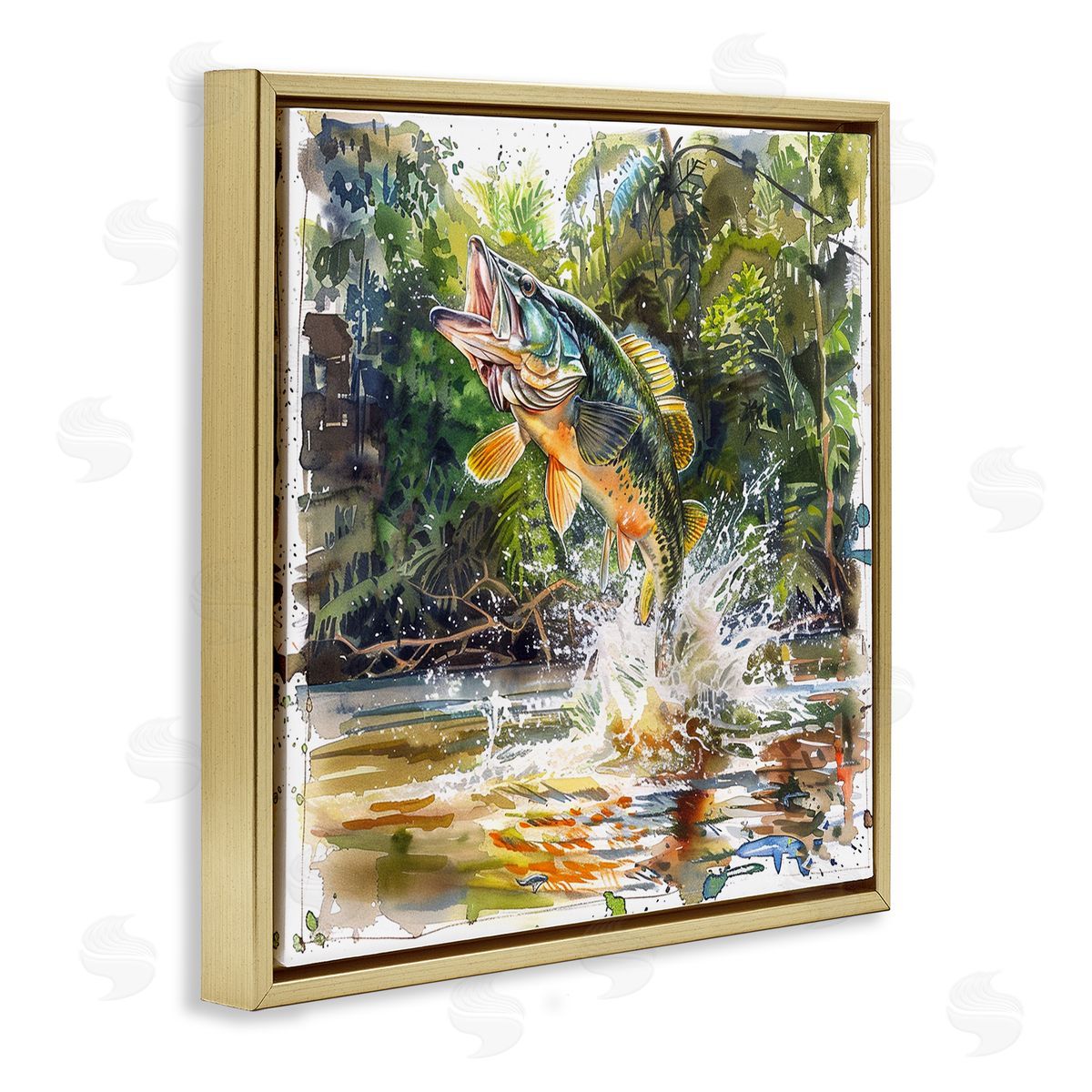 Jumping Bass Fish Gold Floating Frame Canvas Wall Art, Home Decor by LSR Design Studio