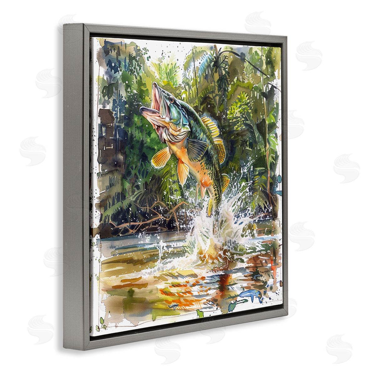Jumping Bass Fish Grey Floating Frame Canvas Wall Art, Home Decor by LSR Design Studio