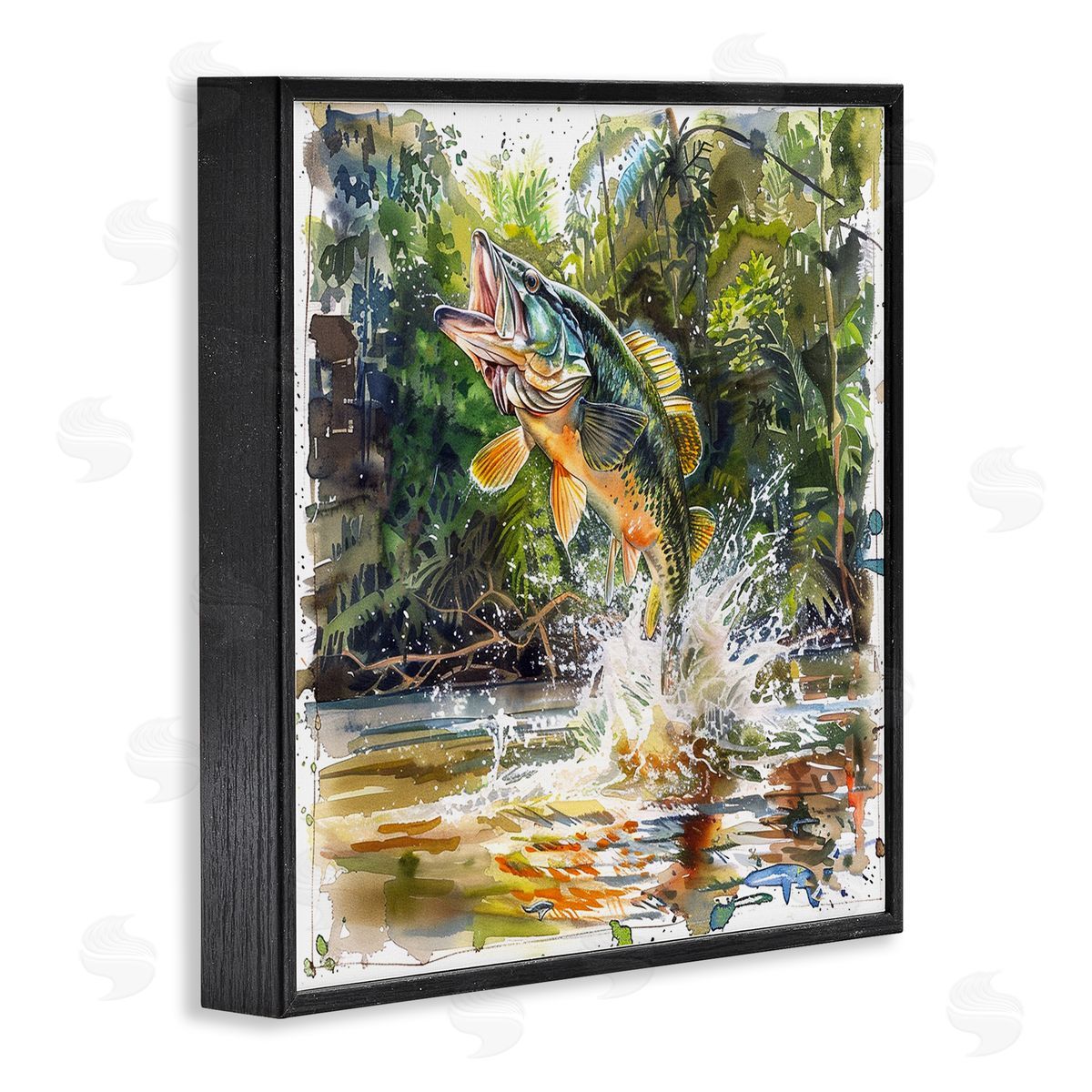 Jumping Bass Fish Black Frame Print Wall Art, Home Decor by LSR Design Studio