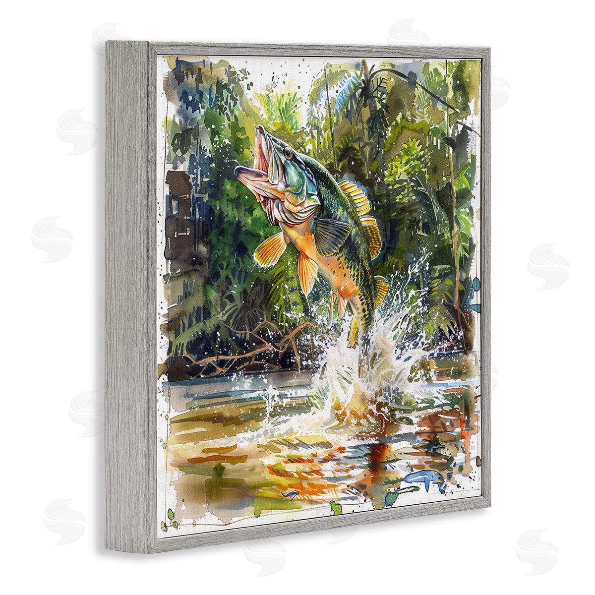 Jumping Bass Fish Grey Frame Print Wall Art, Home Decor by LSR Design Studio