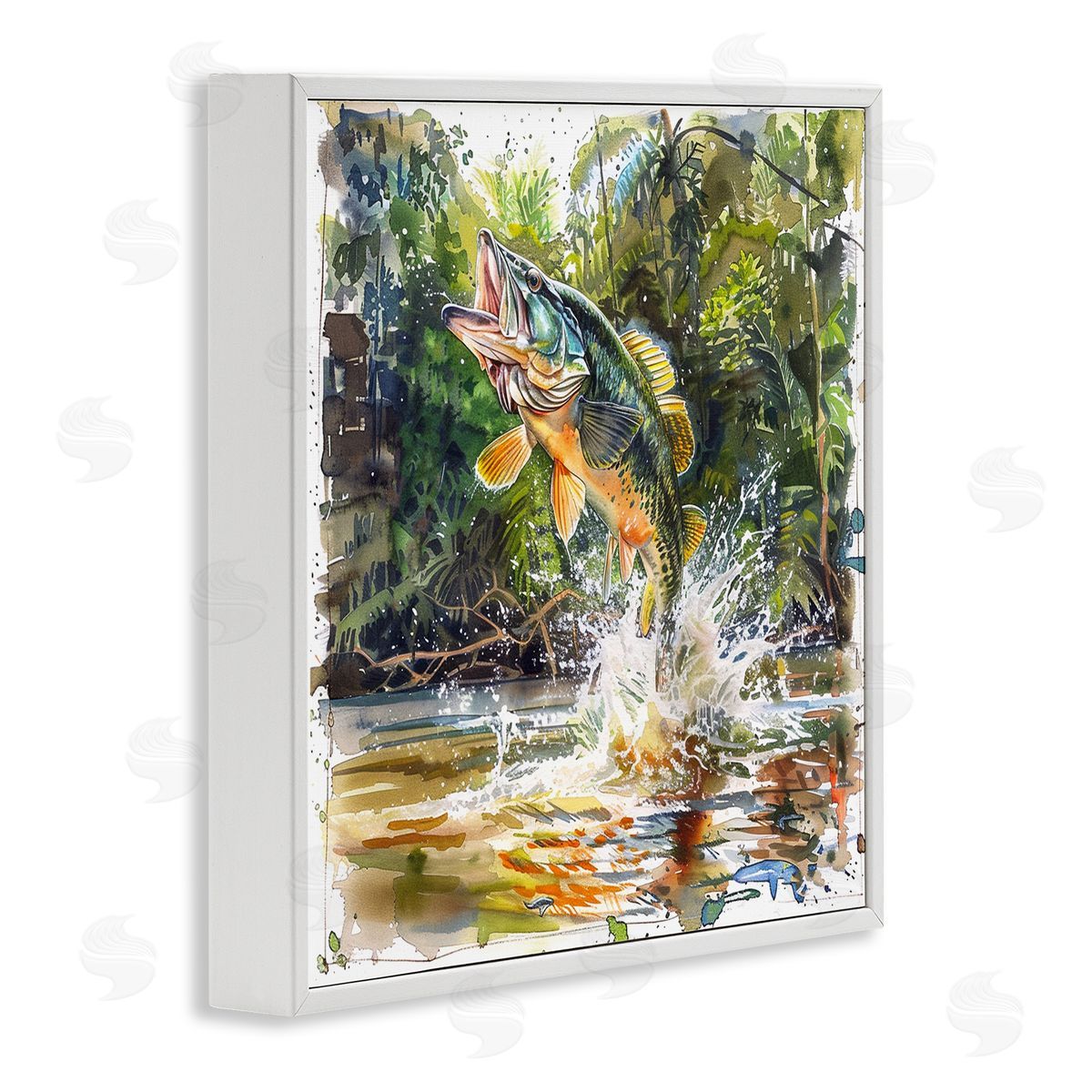 Jumping Bass Fish White Frame Print Wall Art, Home Decor by LSR Design Studio