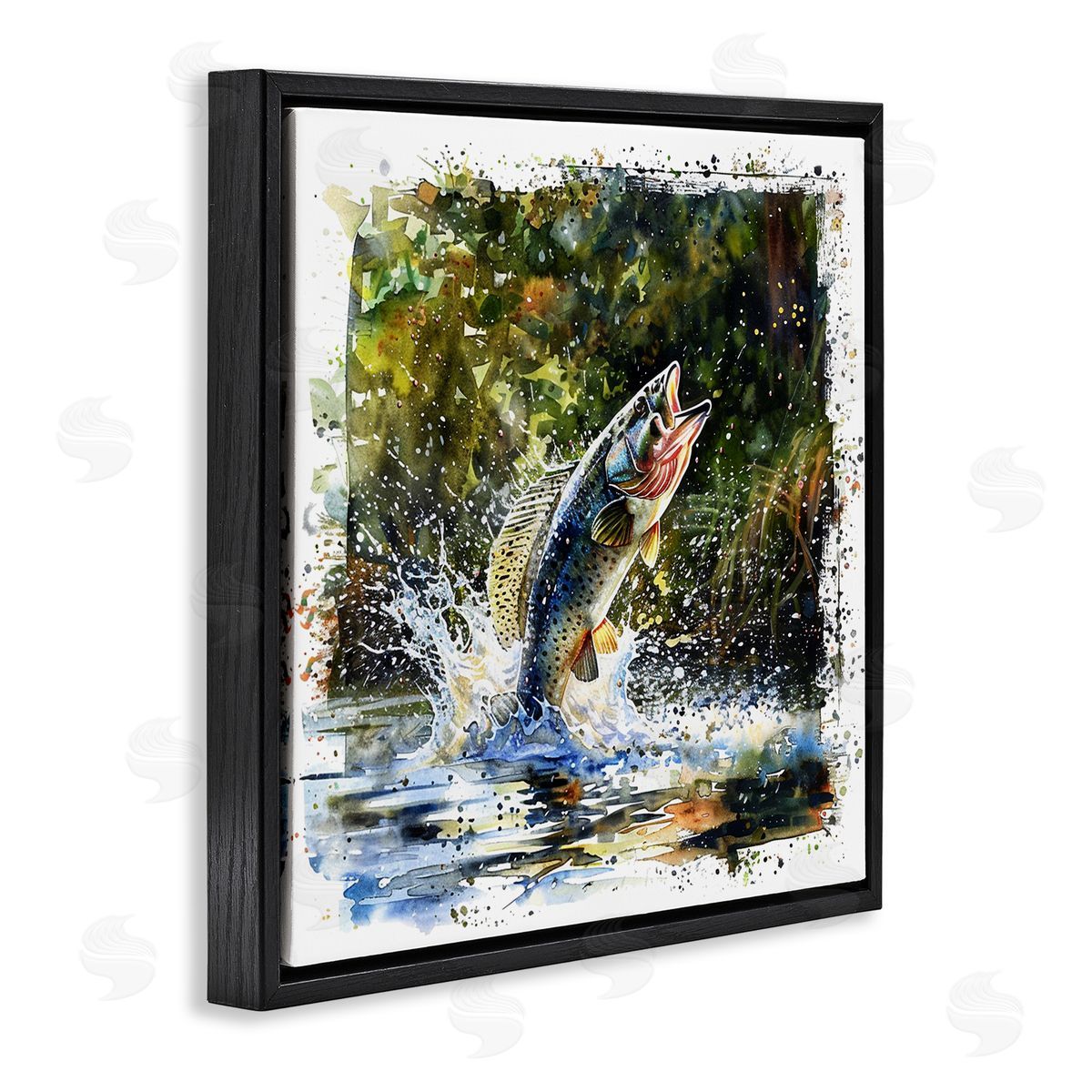 Splashing Lake Bass Black Floating Frame Canvas Wall Art, Home Decor by LSR Design Studio