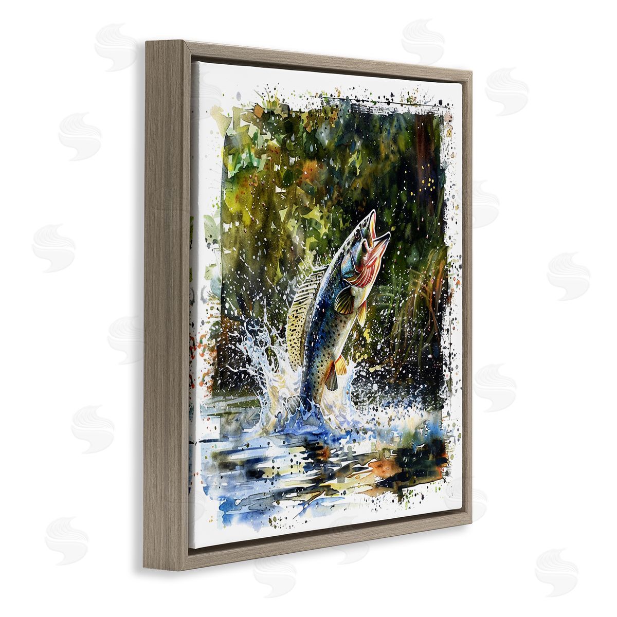 Splashing Lake Bass Brown Floating Frame Canvas Wall Art, Home Decor by LSR Design Studio